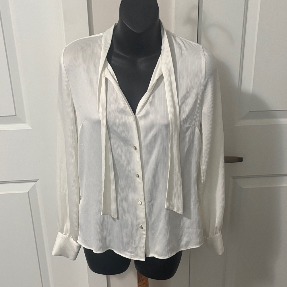 2/$15 RW&CO. White Button-Up Blouse with Tie Neck